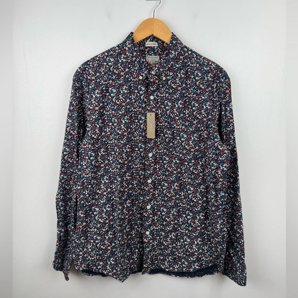 NWT J.Crew Men Floral‎ Organic Cotton Button Down Shirt Size Large